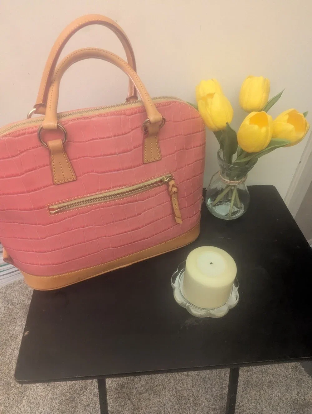 Dooney & Bourke Pink Croc-Embossed Satchel with Tan Trim and Handles